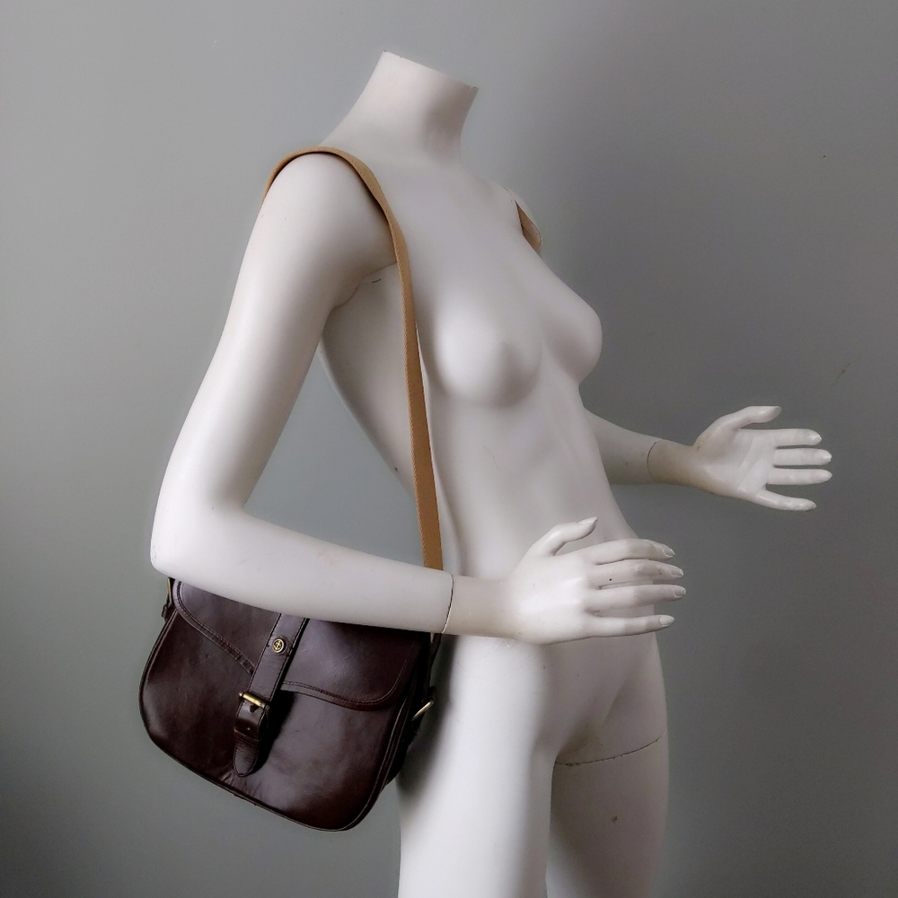 Vtg Golden Anchor JG Hook Burgundy Brown Leather Box Canvas Strap Shoulder Purse - Picture 1 of 5